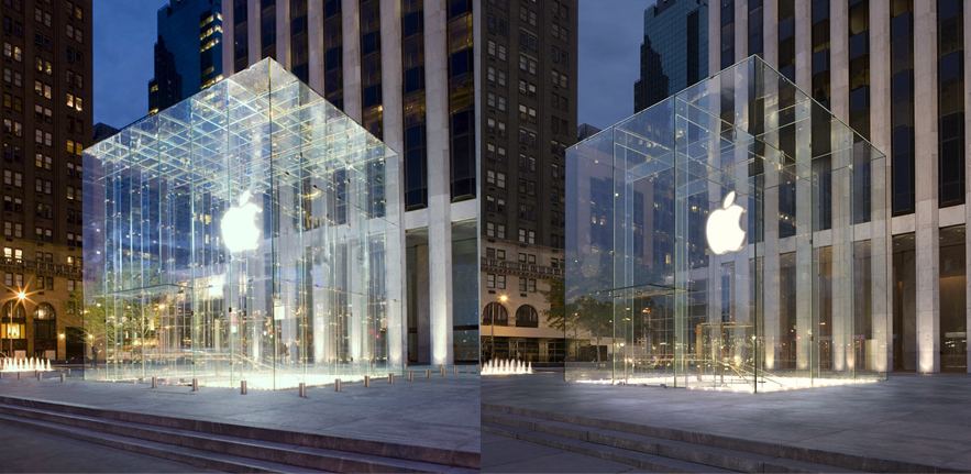 Apple Store Cube New York, pre 2011 (left) post 2011 (right)